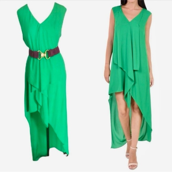 BCBGMaxAzria Tara Sleeveless Cascade Ruffle High-Low Shift Dress Kelly Green - Picture 3 of 3